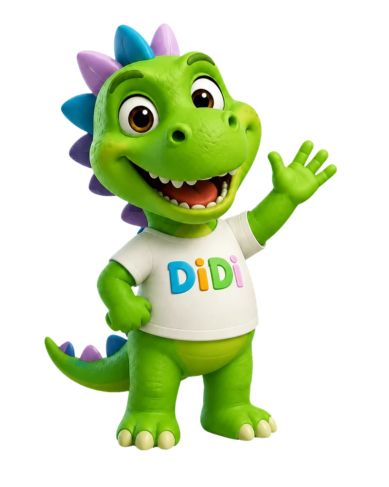 Dino Didi winkt und begleitet Kinder beim Lernen