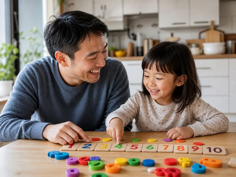 Kenji und seine Tochter Mia zählen gemeinsam mit bunten Zahlensteinen