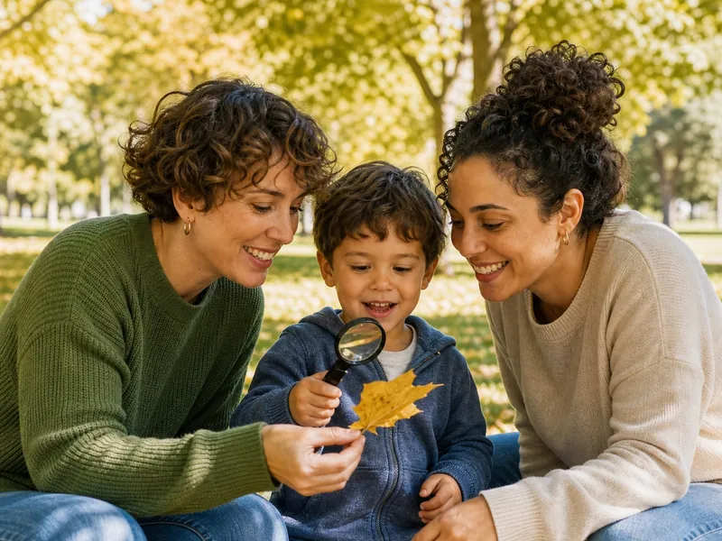 Mara und Lina entdecken mit ihrem Sohn Noah ein Herbstblatt im Park